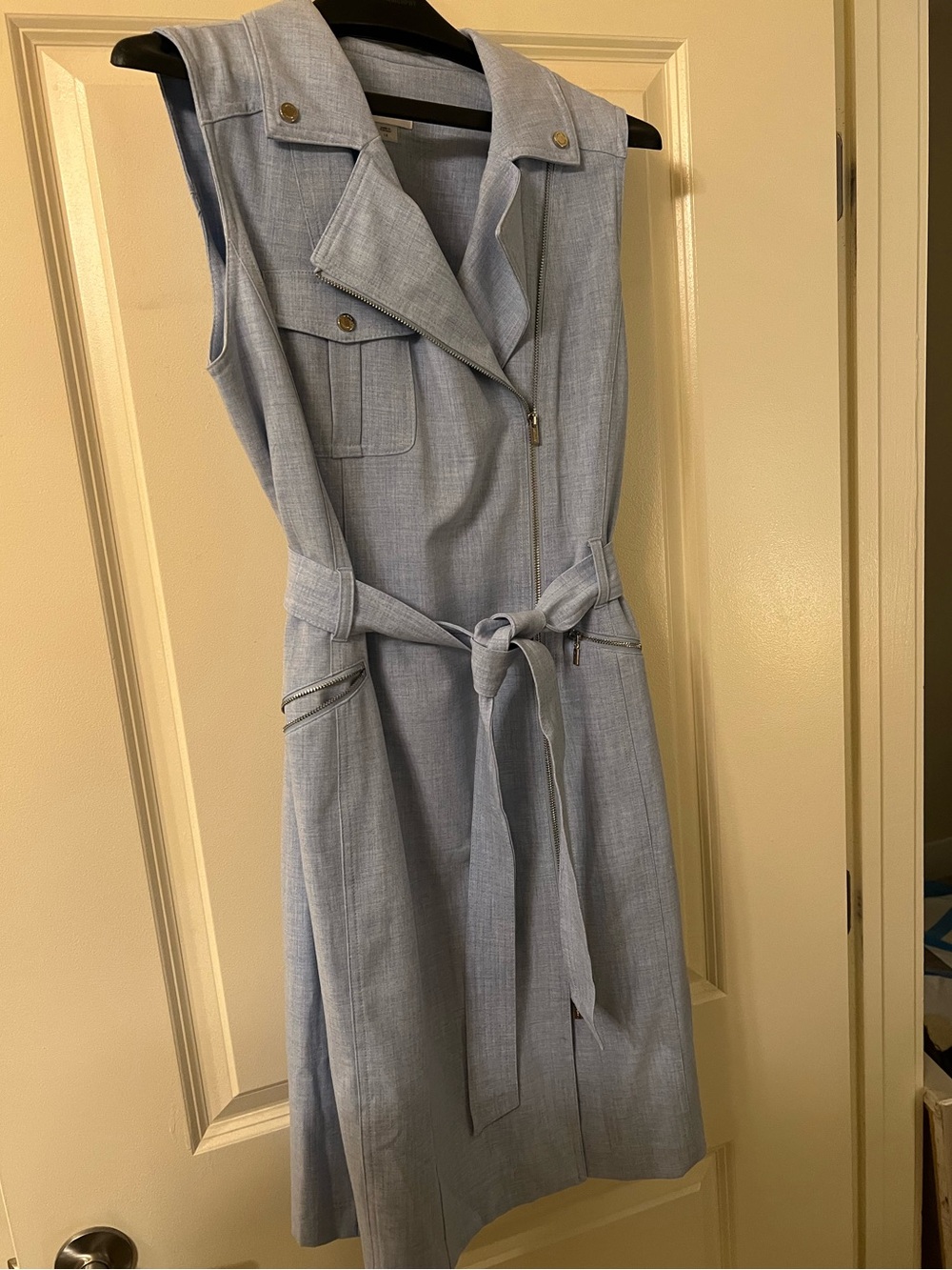 Calvin Klein Sleeveless Light Blue Zip-Front Belted Dress